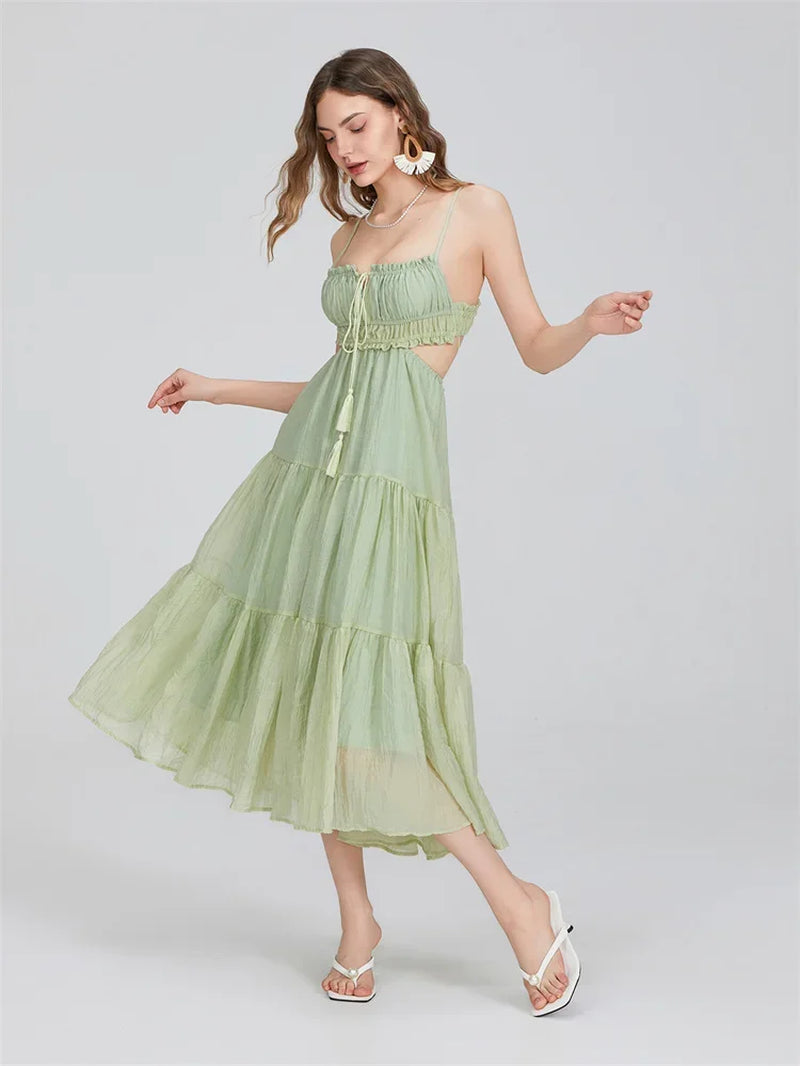 Summer Boho Maxi Dress for Women | Flowy A-Line Sundress with Spaghetti Straps, Ruffle Hem & Backless Cut-Out | Casual, Party & Holiday Outfit