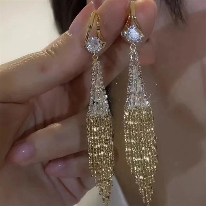Luxury Zircon Long Tassel Earrings for Women | Exquisite Black Water Drop Earrings | Bridal, Party & Wedding Jewelry Gift