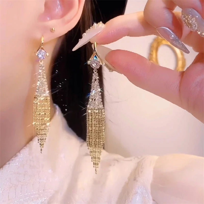 Luxury Zircon Long Tassel Earrings for Women | Exquisite Black Water Drop Earrings | Bridal, Party & Wedding Jewelry Gift