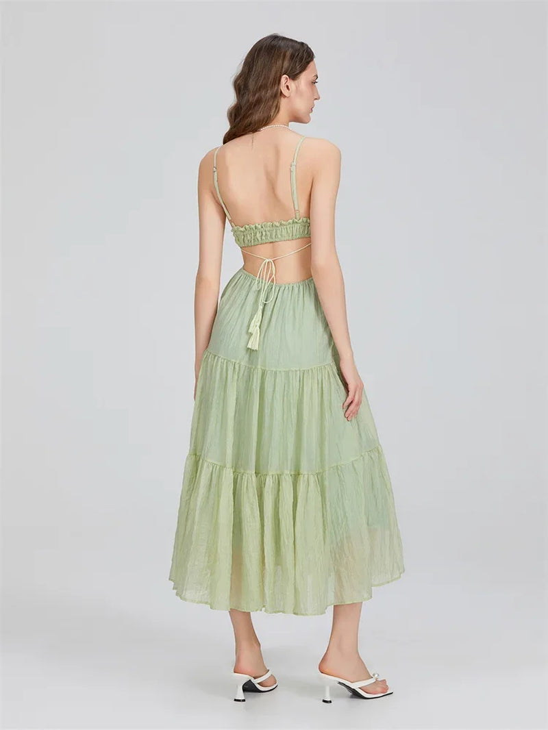 Summer Boho Maxi Dress for Women | Flowy A-Line Sundress with Spaghetti Straps, Ruffle Hem & Backless Cut-Out | Casual, Party & Holiday Outfit