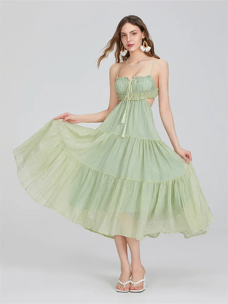 Summer Boho Maxi Dress for Women | Flowy A-Line Sundress with Spaghetti Straps, Ruffle Hem & Backless Cut-Out | Casual, Party & Holiday Outfit