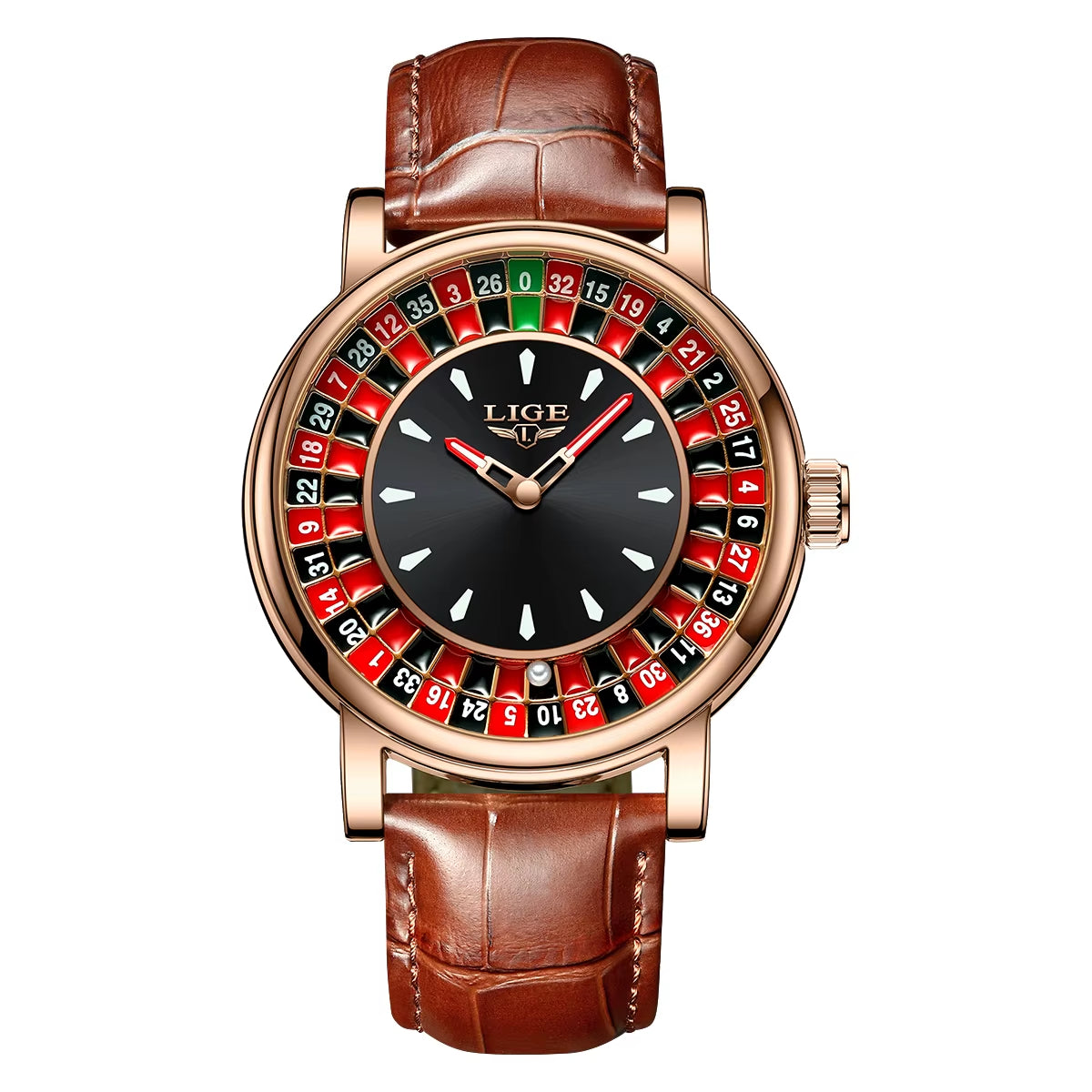 Men’s Luxury Brown Leather Watch | Rotating Dial Las Vegas Roulette Theme | Waterproof Luminous Wristwatch for Casual & Business Wear