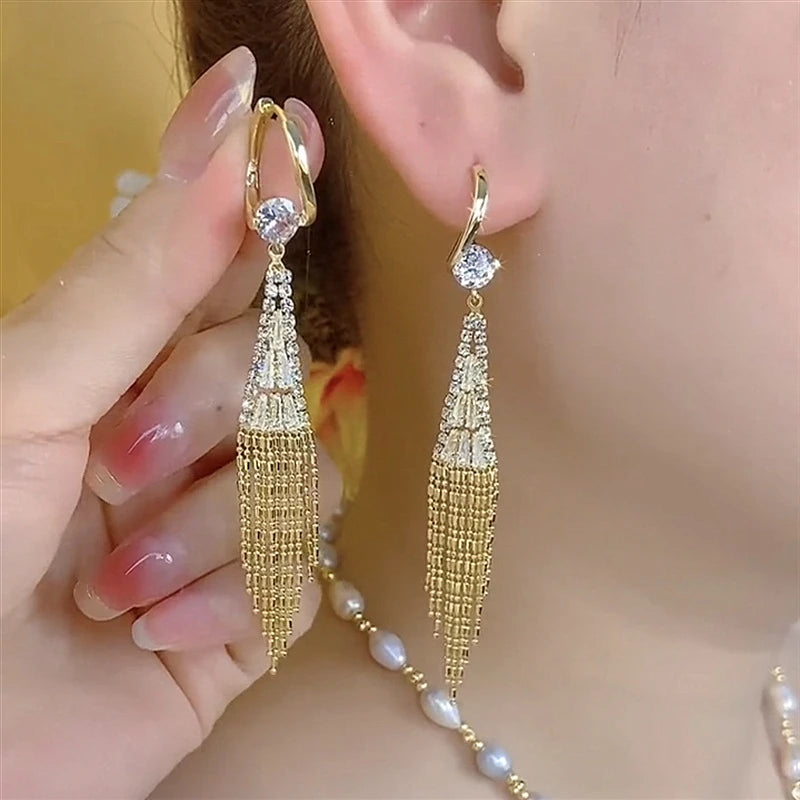 Luxury Zircon Long Tassel Earrings for Women | Exquisite Black Water Drop Earrings | Bridal, Party & Wedding Jewelry Gift