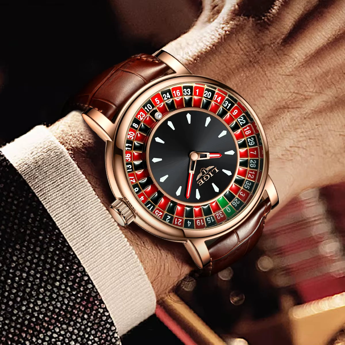 Men’s Luxury Brown Leather Watch | Rotating Dial Las Vegas Roulette Theme | Waterproof Luminous Wristwatch for Casual & Business Wear