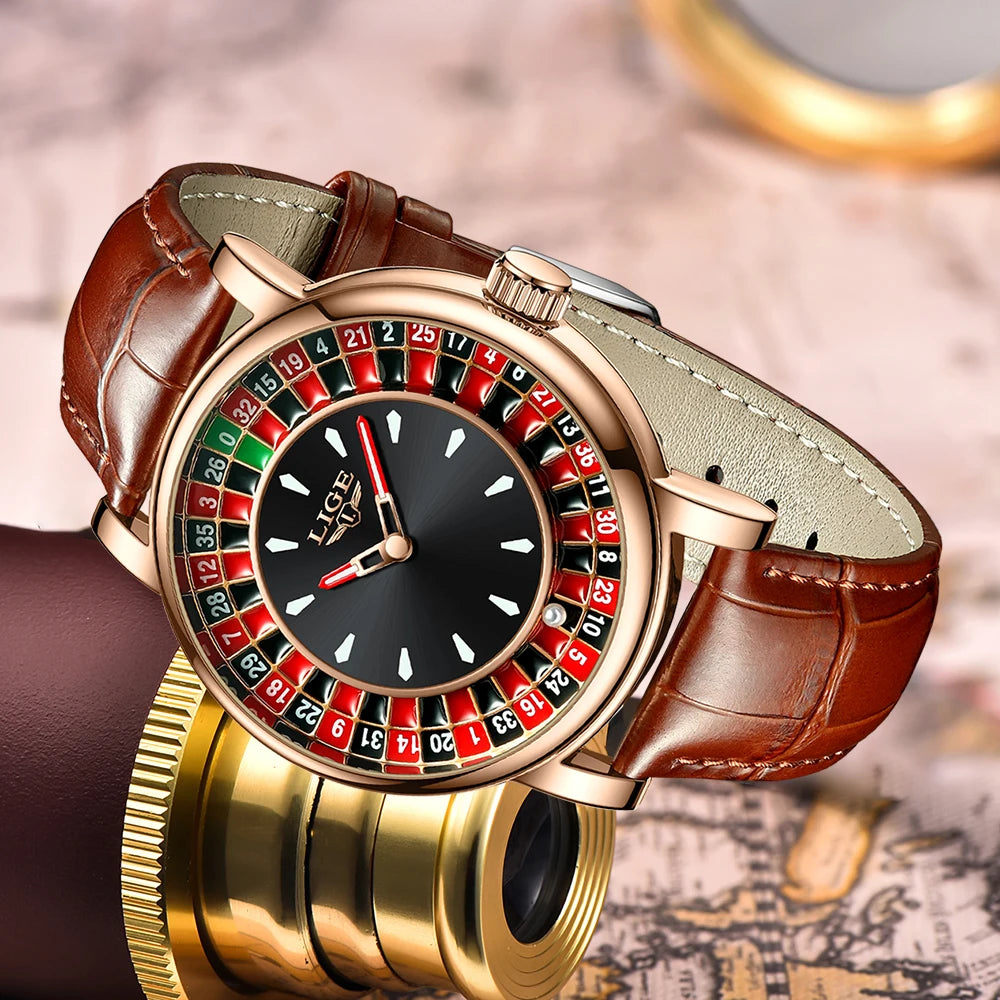 Men’s Luxury Brown Leather Watch | Rotating Dial Las Vegas Roulette Theme | Waterproof Luminous Wristwatch for Casual & Business Wear
