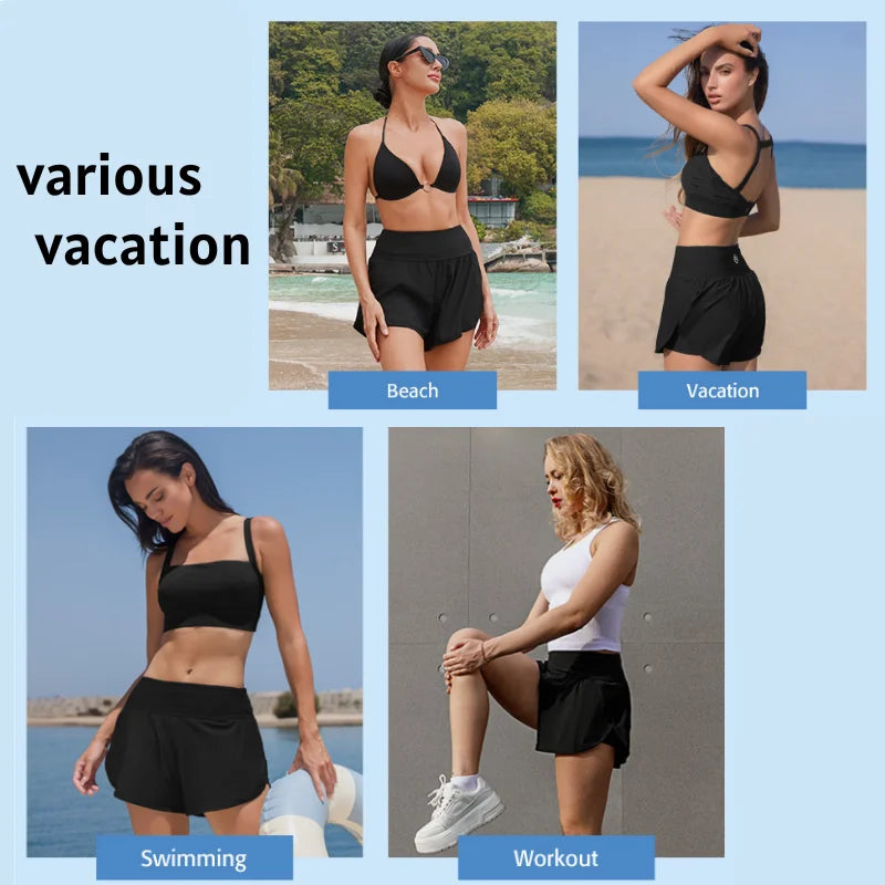 Women’s High-Waisted Swimming Trunks with Pockets | 2-in-1 Tankini Bottoms, Side Split Yoga & Fitness Shorts, Wide Waistband Swimwear