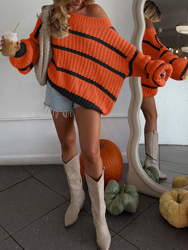 Cozy Halloween Colorblock Sweater with Asymmetrical Neckline - Perfect for Fall & Winter Fashion!