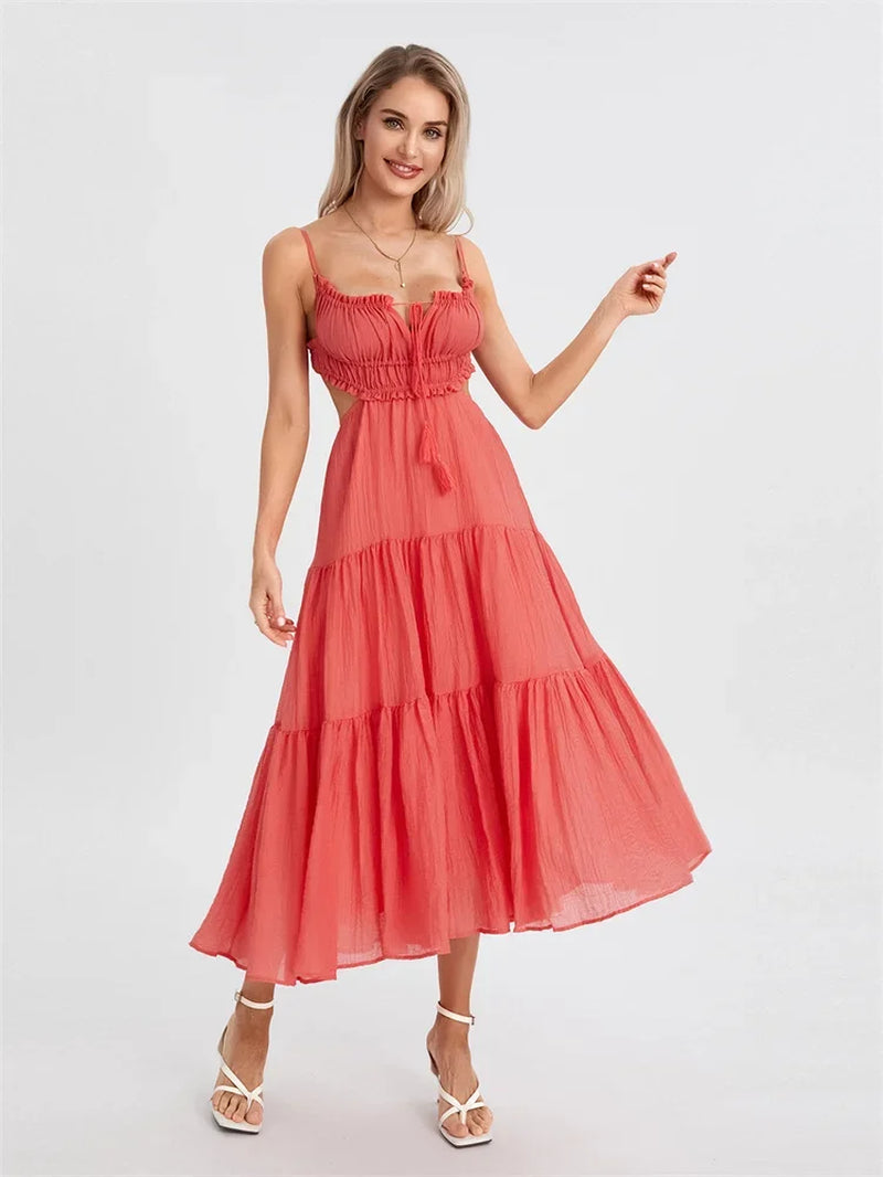 Summer Boho Maxi Dress for Women | Flowy A-Line Sundress with Spaghetti Straps, Ruffle Hem & Backless Cut-Out | Casual, Party & Holiday Outfit