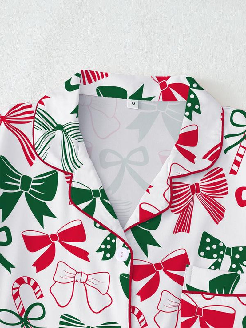 Women’s Christmas Pajama Set | Bowknot Design, Comfortable Fitted Sleepwear, Cozy Fall & Winter Homewear, Cute Holiday Party Outfit