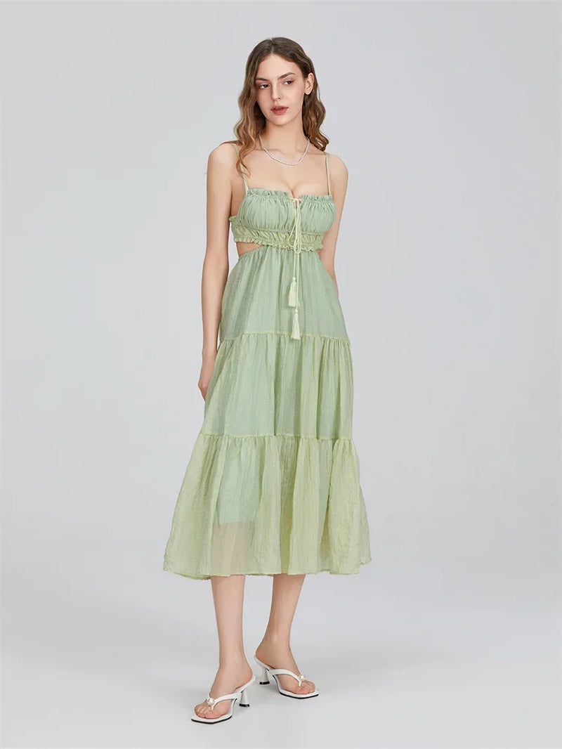 Summer Boho Maxi Dress for Women | Flowy A-Line Sundress with Spaghetti Straps, Ruffle Hem & Backless Cut-Out | Casual, Party & Holiday Outfit