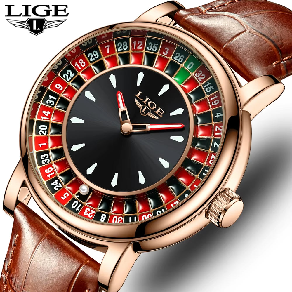 Men’s Luxury Brown Leather Watch | Rotating Dial Las Vegas Roulette Theme | Waterproof Luminous Wristwatch for Casual & Business Wear