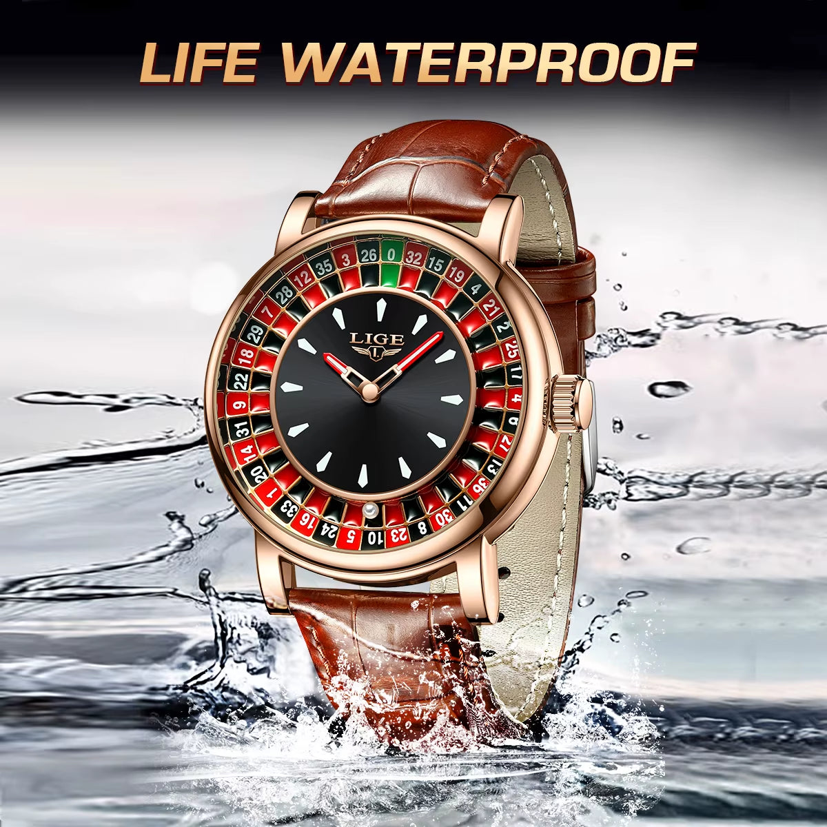Men’s Luxury Brown Leather Watch | Rotating Dial Las Vegas Roulette Theme | Waterproof Luminous Wristwatch for Casual & Business Wear