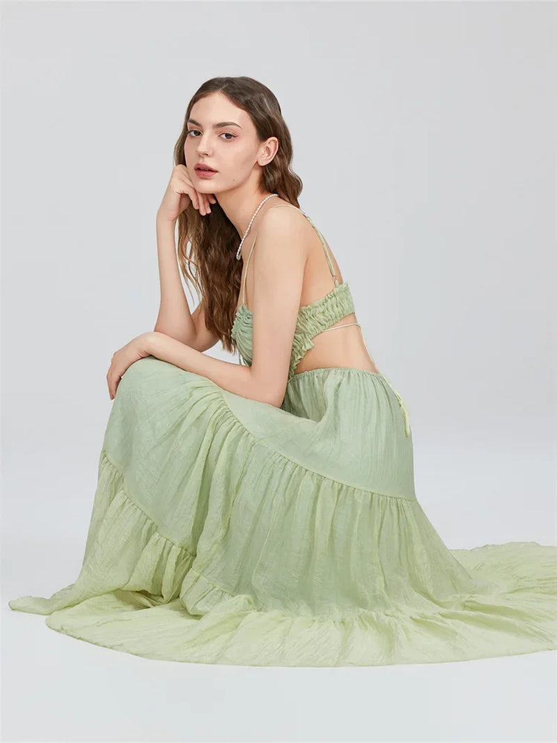 Summer Boho Maxi Dress for Women | Flowy A-Line Sundress with Spaghetti Straps, Ruffle Hem & Backless Cut-Out | Casual, Party & Holiday Outfit