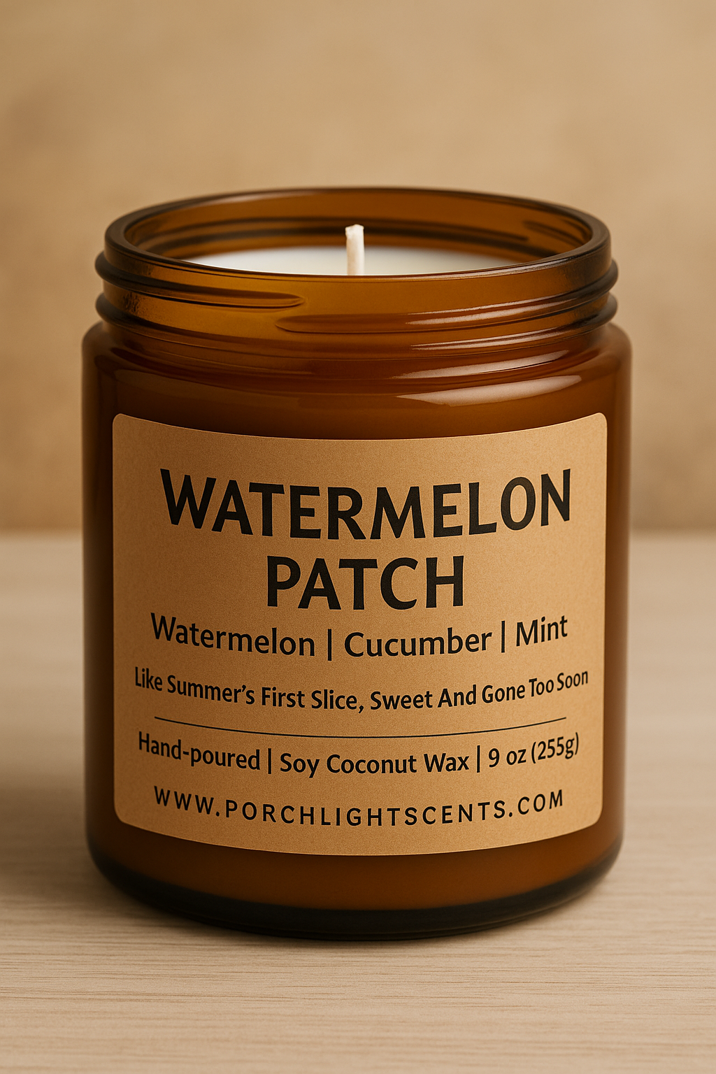Brown candle jar with 'Watermelon Patch' label on a beige background