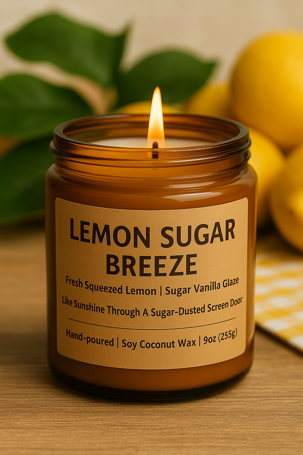 Candle labeled 'Lemon Sugar Breeze' with lemons in the background