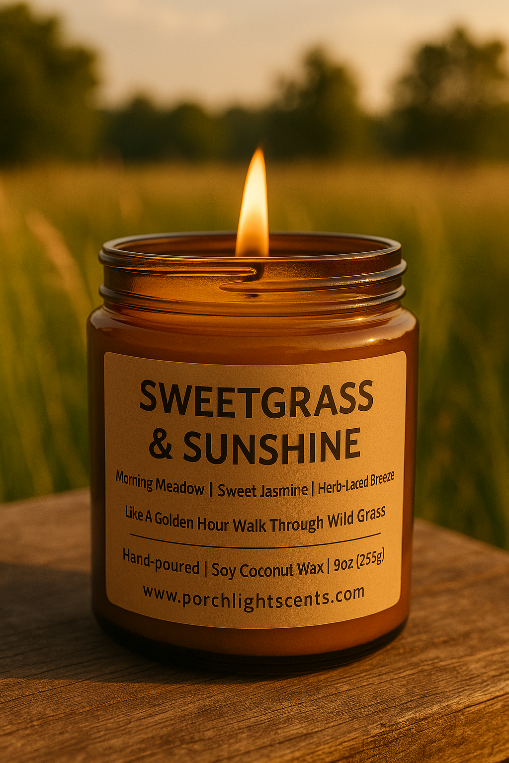 Candle in a jar labeled 'Sweetgrass & Sunshine' with a blurred natural background
