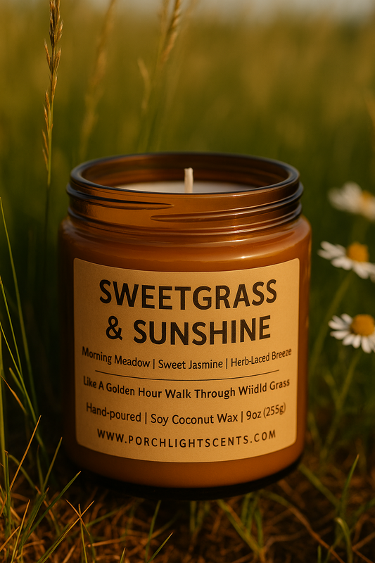Candle in a brown jar labeled 'Sweetgrass & Sunshine' with a natural background