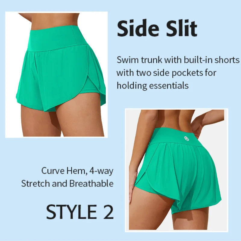 Women’s High-Waisted Swimming Trunks with Pockets | 2-in-1 Tankini Bottoms, Side Split Yoga & Fitness Shorts, Wide Waistband Swimwear