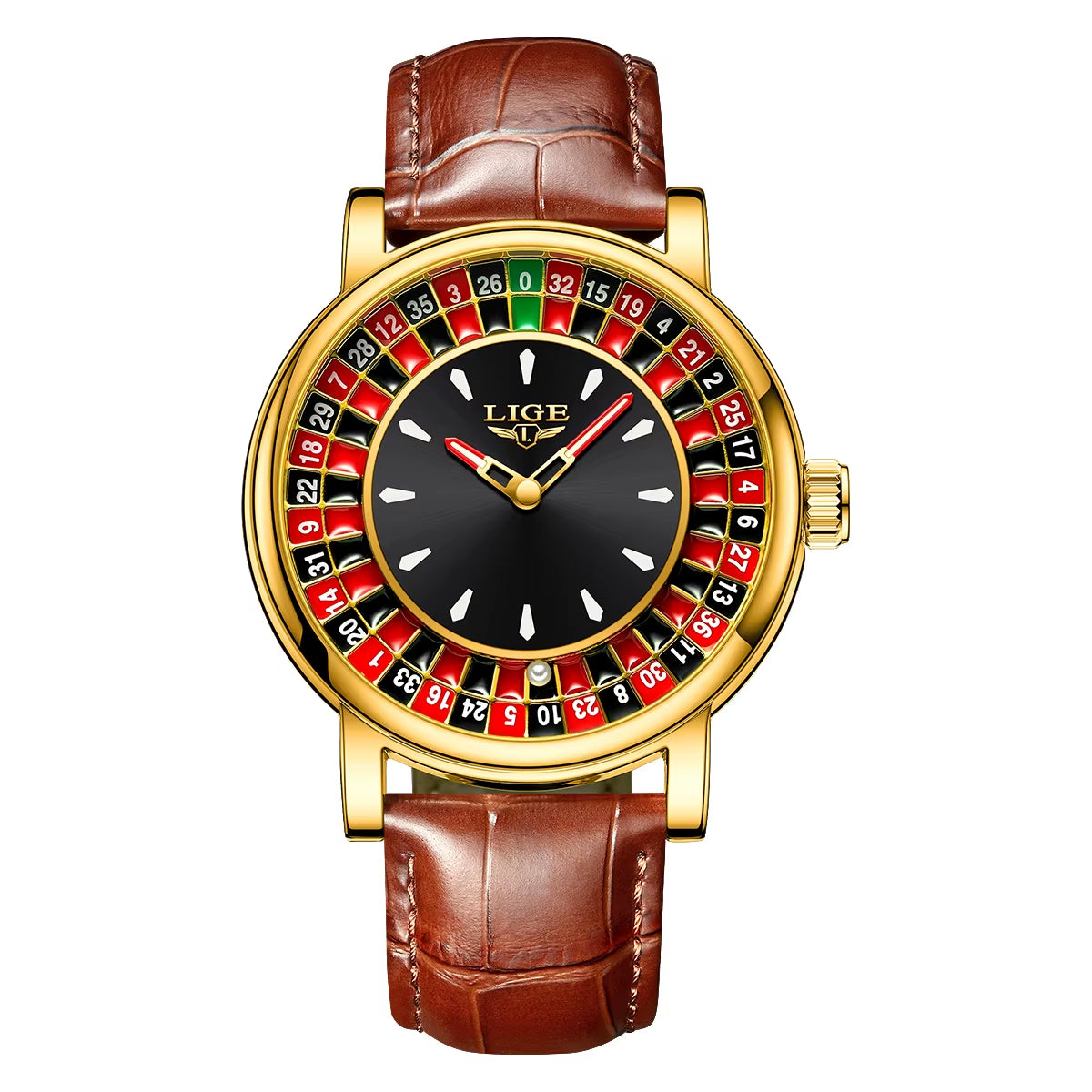 Men’s Luxury Brown Leather Watch | Rotating Dial Las Vegas Roulette Theme | Waterproof Luminous Wristwatch for Casual & Business Wear