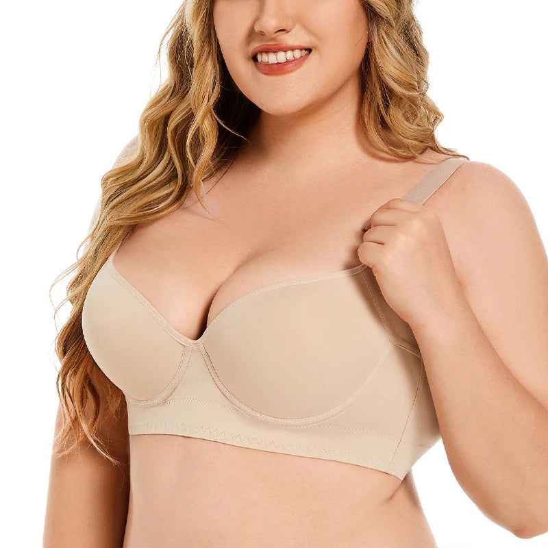 Women’s Full Coverage Push-Up Bra | Underwire Deep Cup T-Shirt Bra, Sculpting Shapewear, Back Smoothing & Uplift Brassiere