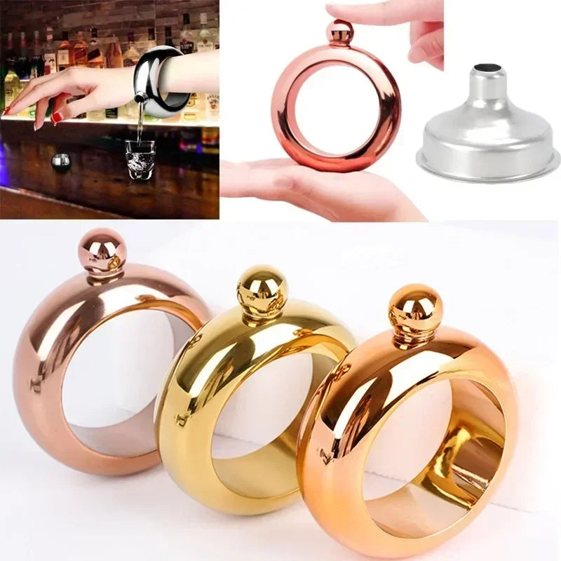 Stainless Steel Bangle Hip Flask with Funnel | 3.5oz Whiskey Bracelet Flask, Elegant Wine Bottle Bangle, Portable Drinkware for Women & Men