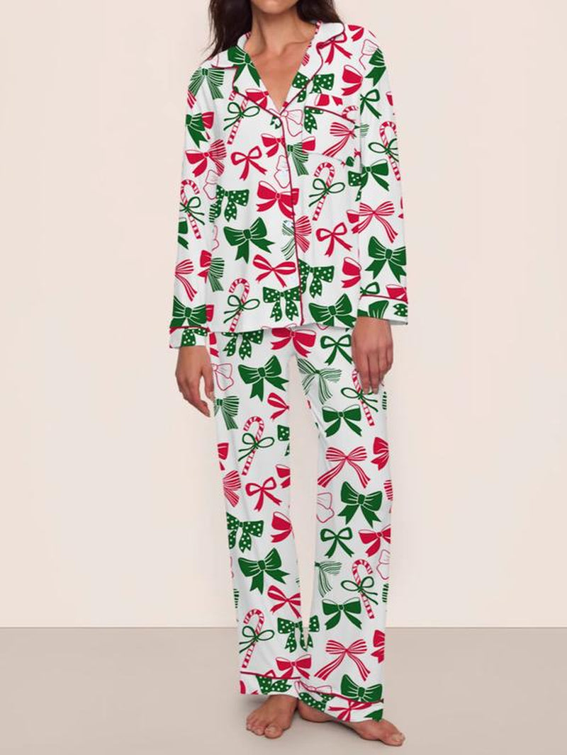 Women’s Christmas Pajama Set | Bowknot Design, Comfortable Fitted Sleepwear, Cozy Fall & Winter Homewear, Cute Holiday Party Outfit