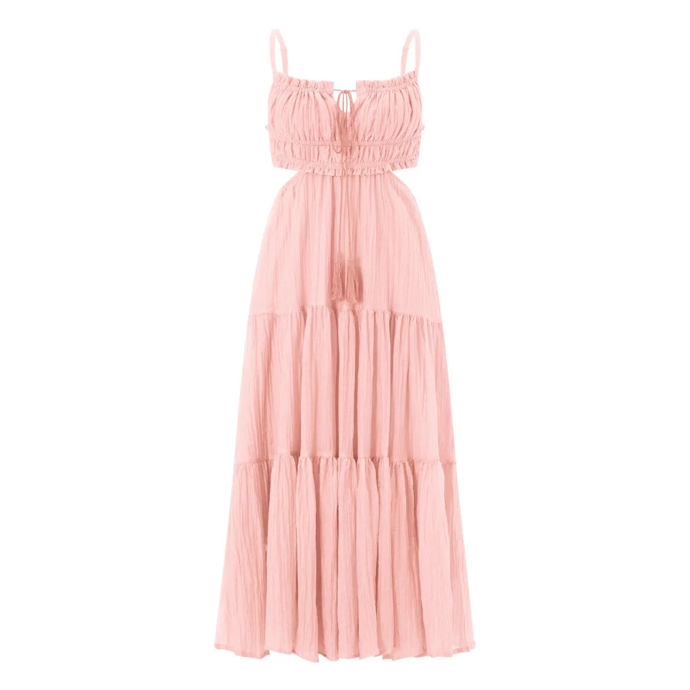 Summer Boho Maxi Dress for Women | Flowy A-Line Sundress with Spaghetti Straps, Ruffle Hem & Backless Cut-Out | Casual, Party & Holiday Outfit