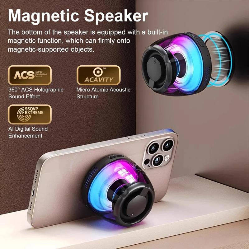 Joytutus Magnetic Bluetooth Speaker – Portable Wireless Outdoor Sound System with RGB Lights, TF Card Slot, 360° Audio, Dustproof, Compact Design – Black Metal