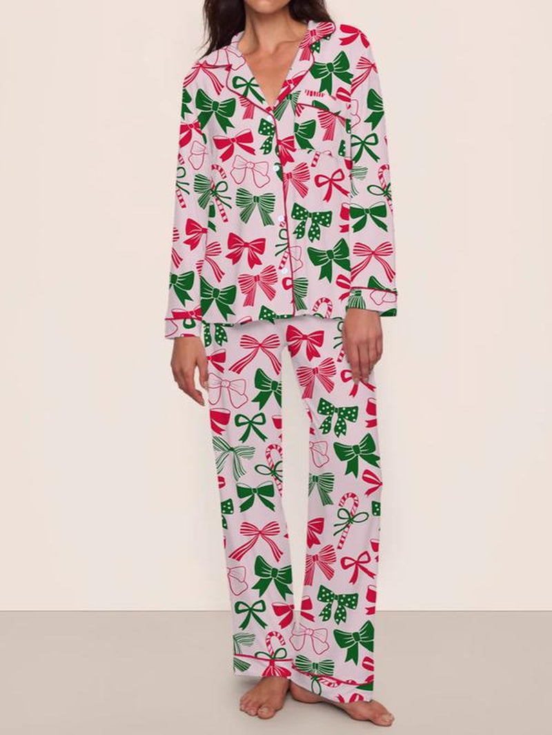 Women’s Christmas Pajama Set | Bowknot Design, Comfortable Fitted Sleepwear, Cozy Fall & Winter Homewear, Cute Holiday Party Outfit