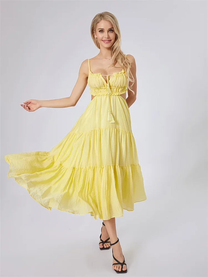 Summer Boho Maxi Dress for Women | Flowy A-Line Sundress with Spaghetti Straps, Ruffle Hem & Backless Cut-Out | Casual, Party & Holiday Outfit