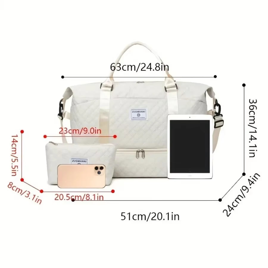 2Pcs Travel Duffel Bag Set with Shoe Compartment & Cosmetic Pouch | Large-Capacity Nylon Gym Bag, Weekend & Overnight Carry-On