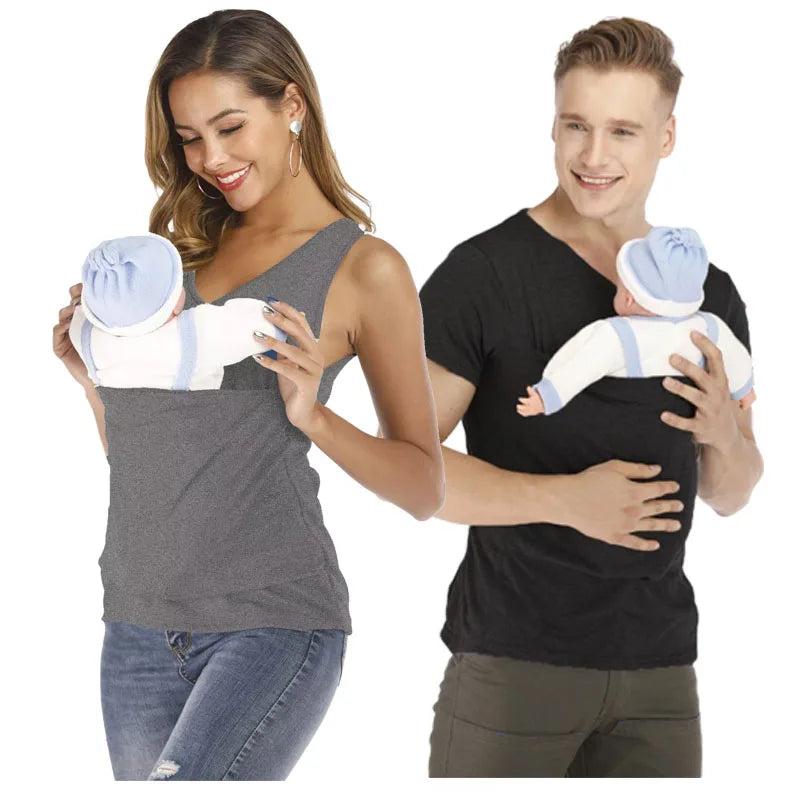 Baby Carrier T-Shirt with Kangaroo Pocket | Unisex Feeding & Pregnancy Shirt for Moms & Dads | Soft Cotton Summer Babywearing Tee