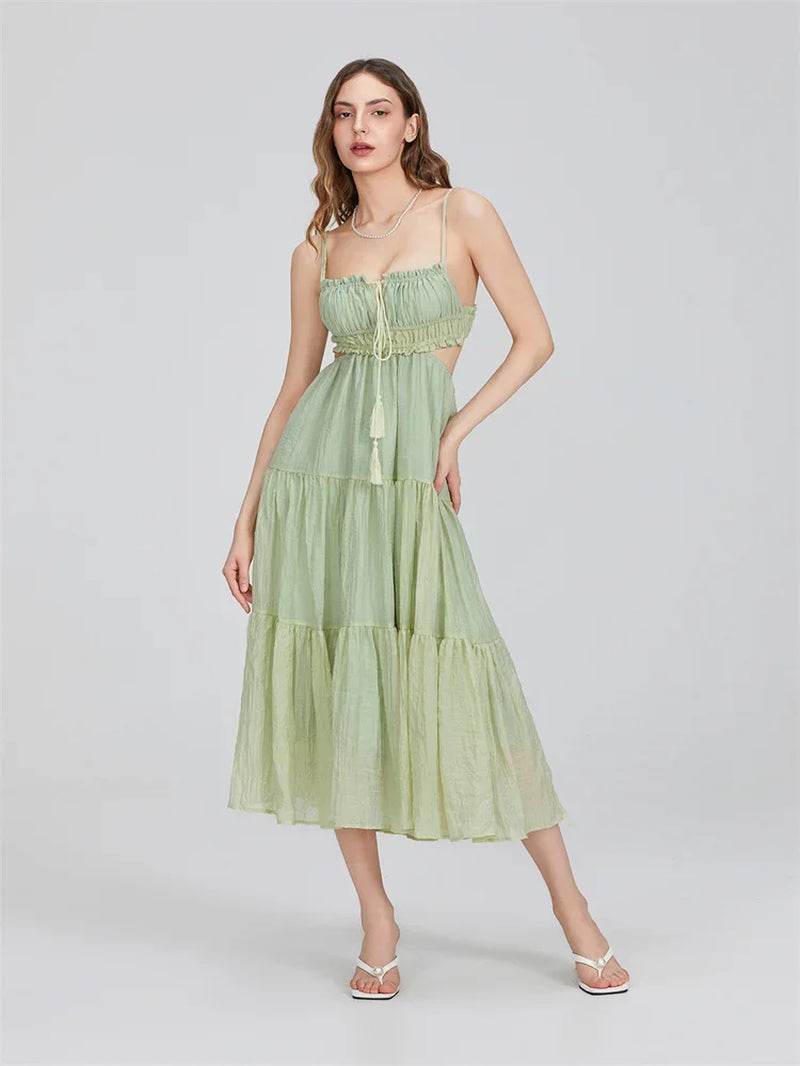 Summer Boho Maxi Dress for Women | Flowy A-Line Sundress with Spaghetti Straps, Ruffle Hem & Backless Cut-Out | Casual, Party & Holiday Outfit
