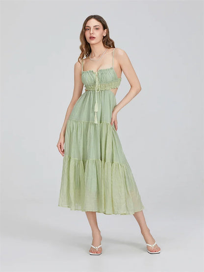 Summer Boho Maxi Dress for Women | Flowy A-Line Sundress with Spaghetti Straps, Ruffle Hem & Backless Cut-Out | Casual, Party & Holiday Outfit