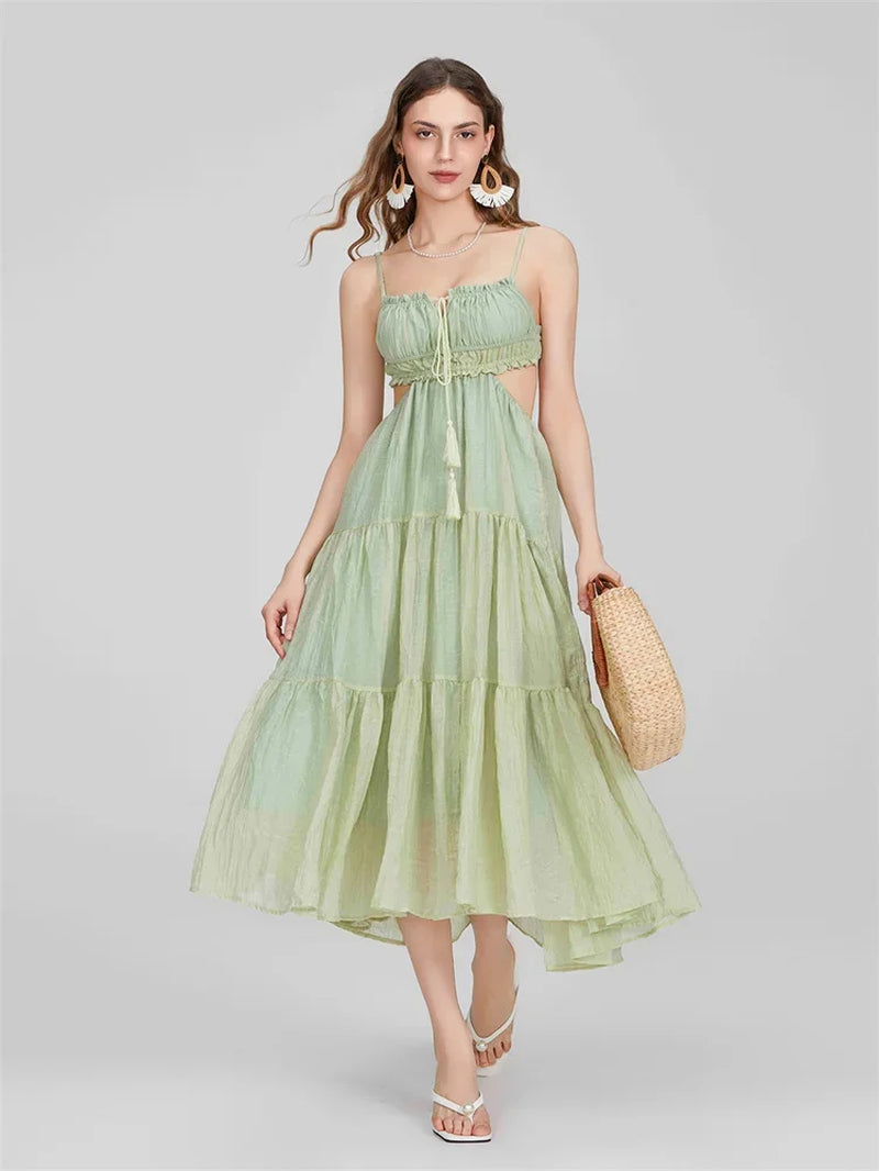 Summer Boho Maxi Dress for Women | Flowy A-Line Sundress with Spaghetti Straps, Ruffle Hem & Backless Cut-Out | Casual, Party & Holiday Outfit