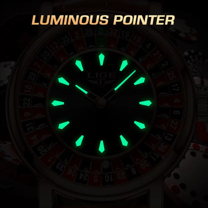 Men’s Luxury Brown Leather Watch | Rotating Dial Las Vegas Roulette Theme | Waterproof Luminous Wristwatch for Casual & Business Wear