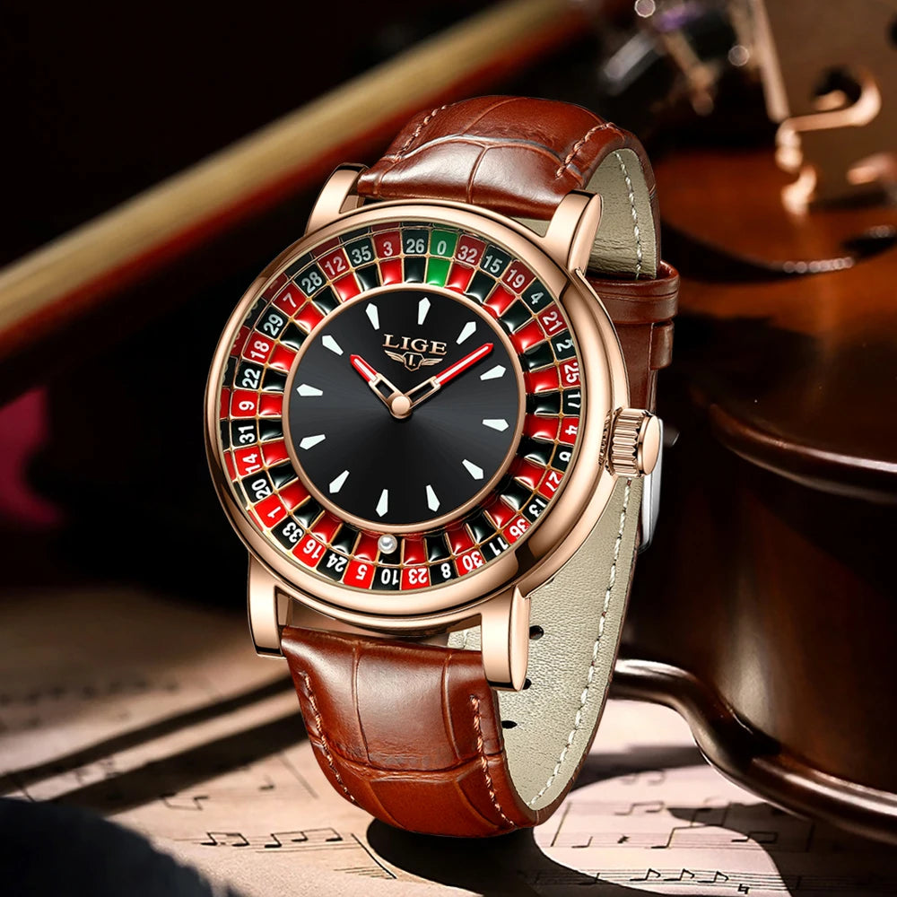 Men’s Luxury Brown Leather Watch | Rotating Dial Las Vegas Roulette Theme | Waterproof Luminous Wristwatch for Casual & Business Wear