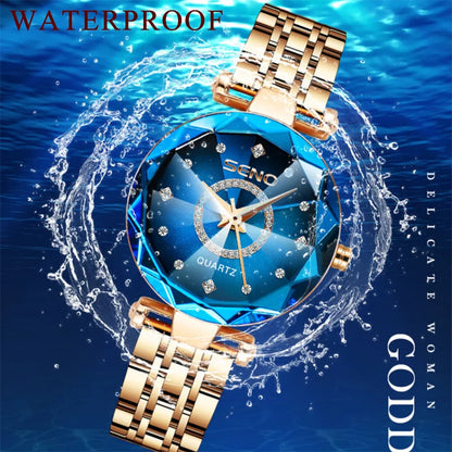 Luxury Quartz Watches for Women 2023 | Ocean Heart Starry Sky Diamond Dial | Stainless Steel Waterproof Fashion Wristwatch