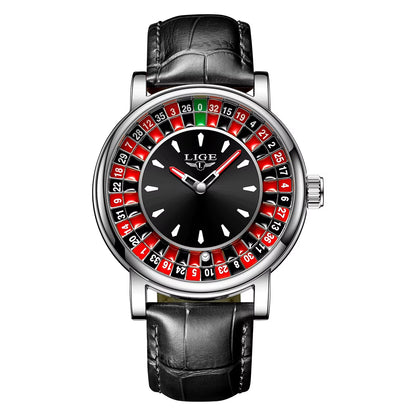 Men’s Luxury Brown Leather Watch | Rotating Dial Las Vegas Roulette Theme | Waterproof Luminous Wristwatch for Casual & Business Wear