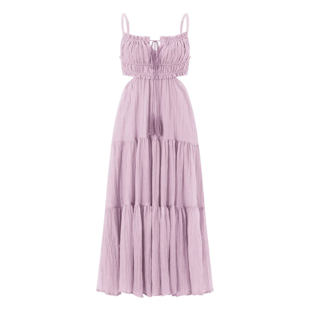 Summer Boho Maxi Dress for Women | Flowy A-Line Sundress with Spaghetti Straps, Ruffle Hem & Backless Cut-Out | Casual, Party & Holiday Outfit